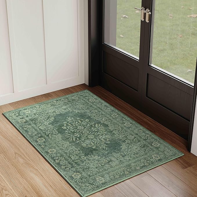2x3 Area Rug Green Washable Entryway Door Mat Indoor Vintage Medallion Floral Carpet Kitchen Bathroom Distressed Entrance Retro Small Non Slip Accent Throw Bedroom Office Dining Living Room