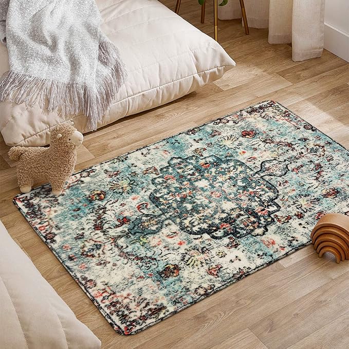 Lahome Bohemian Floral Medallion Area Rug - 2x3 Vintage Teal Distressed Small Entryway Rug Turkish Doormat Faux Wool Non-Slip Washable Low-Pile Carpet for Bathroom Kitchen Laundry Room Decor