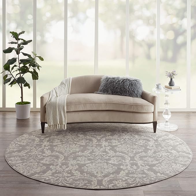 Nourison Jubilant Damask Grey 8' x Round Area -Rug, Easy -Cleaning, Non Shedding, Bed Room, Living Room, Dining Room, Kitchen (8 Round)