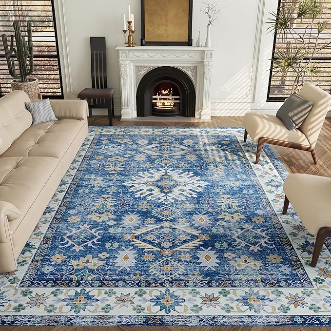 9x12 Rug, Washable Neutral Boho Modern Vintage Non Slip Floral Area Carpet, Low Pile Soft Rugs, Slip Resistance, Pet-Friendly, Durable Rug for Living Room, Bedroom, Kitchen, Dining Room