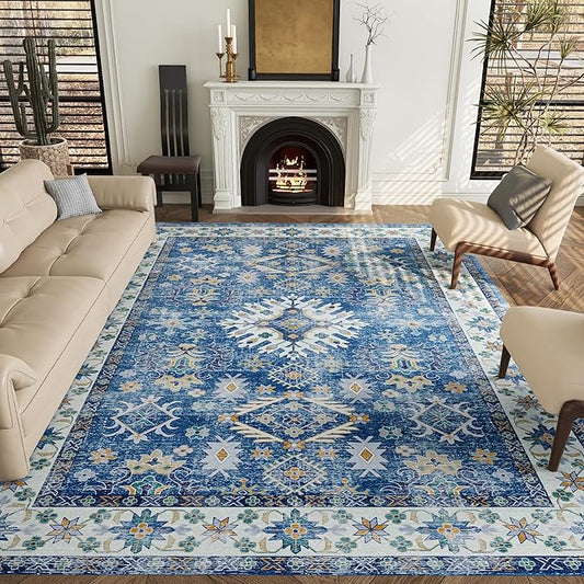 9x12 Rug, Washable Neutral Boho Modern Vintage Non Slip Floral Area Carpet, Low Pile Soft Rugs, Slip Resistance, Pet-Friendly, Durable Rug for Living Room, Bedroom, Kitchen, Dining Room
