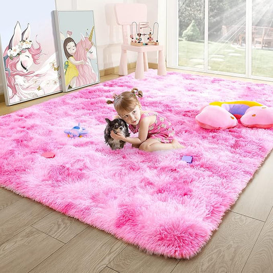 Noahas 4x6 Fluffy Kids Rugs for Room,Soft Pink Tie-Dyed Rainbow Rug for Girls Bedroom,Soft Colorful Playroom Shag Nursery Carpets Room Decor