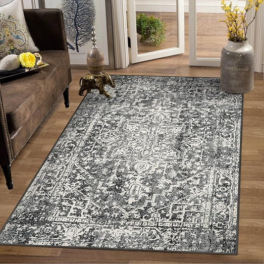 Morebes Boho Black 4x6 Rug for Living Room, Machine Washable Area Rug for Bedroom Non Slip, Medallion Vintage Stain-Resistant Soft Low Pile Indoor Carpet for Office Kitchen Entryway