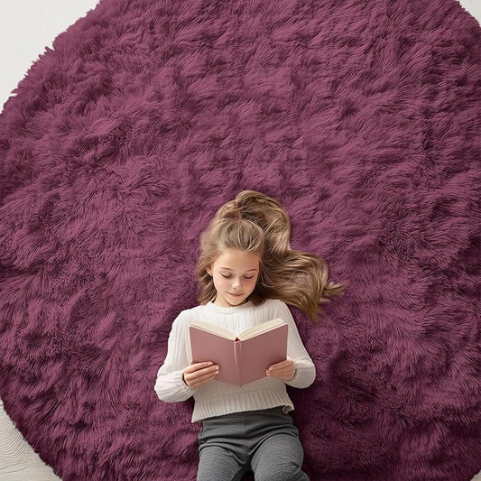 OLANLY Burgundy Round Rugs for Bedroom - Machine Washable, 7x7 Feet Circle Area Rugs for Living Room, Soft and Fluffy Shaggy Carpet for Teen Girls and Boys, Dorms, Nursery Rooms, Home Decor Aesthetic