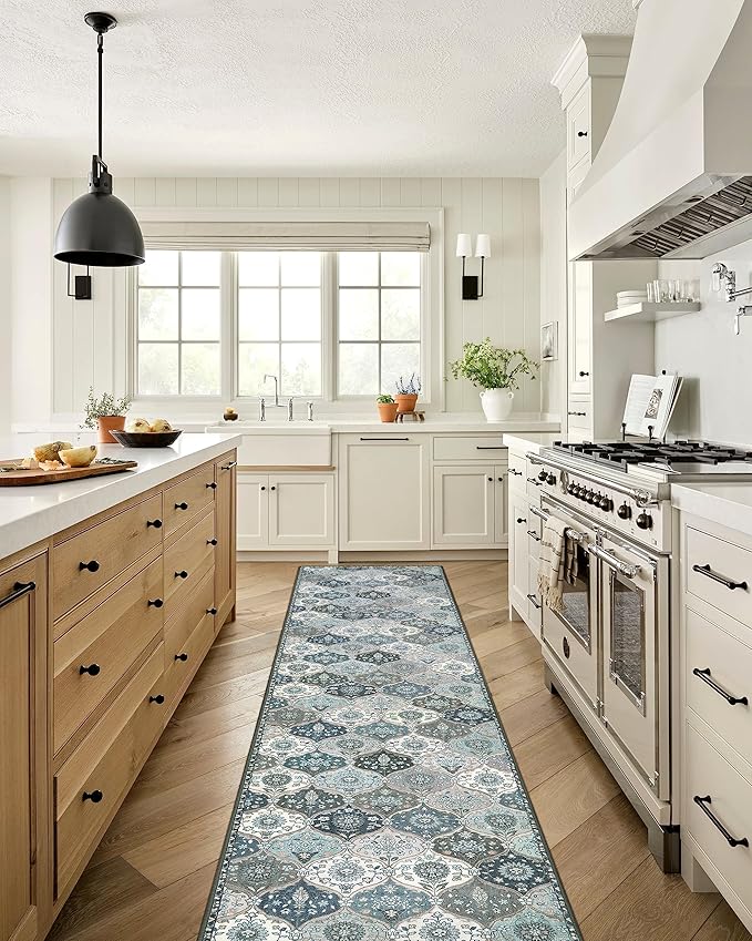 Lahome Moroccan Hallway Runner Rug Non Slip, 2x10 Washable Runner Rugs for Hallway 2x10 Vintage Ultra-Thin Throw Long Carpet for Kitchen Entryway Bedroom Laundry Room, Blue