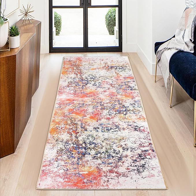 Washable Runners for Hallways 2x6 Runner Rug Non Slip Soft Kitchen Runner Rugs Abstract Non Skid Accent Print Faux Wool Carpet Runners for Entryway Laundry Room Entrance, Pink/Multi