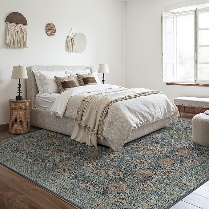 10X12 Area Rugs Machine Washable Rugs for Living Room, Vintage Boho Large Rugs for Bedroom Dining Room, Non Slip Indoor Soft Distressed Lightweight Thin Low Pile Carpet, Beige Blue Grey