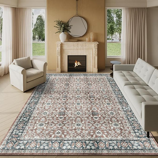 Large Area Rugs 9x12 Living Room Burnt Orange, Living Room Stain Resistant Carpet Vintage Rugs for Bedroom with Non Slip Backing,Indoor Floor Accent Rugs for Home Office