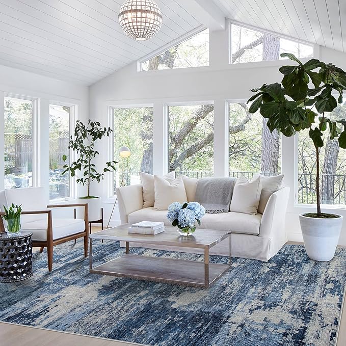 10x12 Area Rugs for Living Room: Large Machine Washable Area Rug with Non Slip Backing Non Shedding Abstract Stain Resistant Carpet for Bedroom Dining Room Nursery Home Office - Beige/Blue