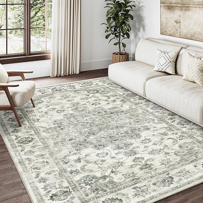 3x5 Washable Neutral Area Rug Green Entryway Kitchen Non-Slip Low Pile Floral Carpet Vintage Soft Thin Throw Rug for Entrance Bathroom Indoor Door Mat Dorm Dining Room