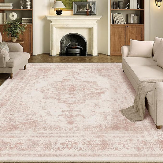 Washable Rug 6x9 Area Rug for Living Room Pink Vintage Boho Medallion Large Distressed Retro Carpet Non Slip Indoor Low Pile Small Soft Bedroom Dining Room Home Office