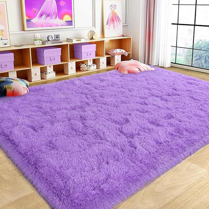 Ultra Fluffy Area Rugs for Living Room Bedroom, 6x9 Fuzzy Large Living Room Rugs, Thick Shag Rug for Dorm, Soft Non Slip Kids Girls Boys Rug for Home Decor Aesthetic, Purple