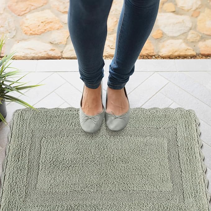 Cotton Crochet Bathmat with Antiskid 21x34 Sage Green, 100% Pure Cotton, Super Soft White, Plush & Absorbent, Hand Tufted Heavy Weight Construction, Full Reversible Step Out Rugs