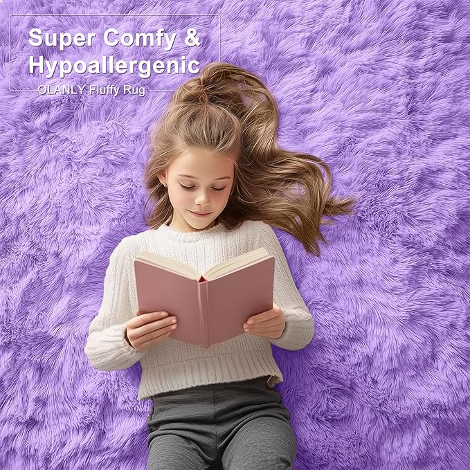 OLANLY 2x3 Machine Washable Small Bedside Rug, Soft Fluffy Shaggy Entryway Throw Rugs for Bedroom, Living Room, Indoor Floor Carpet for Kids Girls Boys, Nursery Rooms, Home Decor Aesthetic, Purple