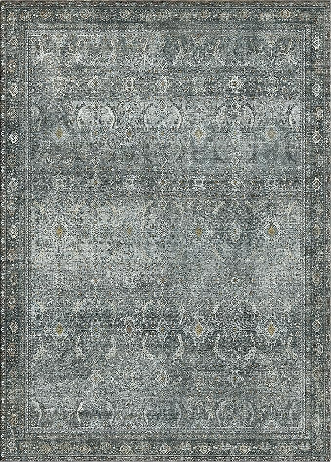 8X10 Area Rugs Machine Washable Rugs for Living Room, Vintage Boho Large Rugs for Bedroom Dining Room, Non Slip Indoor Soft Distressed Lightweight Thin Low Pile Carpet, Slate Grey
