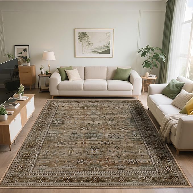 4x6 Area Rug for Bedroom Machine Washable, Non Slip Vintage Floral Kitchen Rugs for Dining Room, Low Pile Indoor Floor Print Carpet for Nursery Farmhouse Home Office Olive/Charcoal