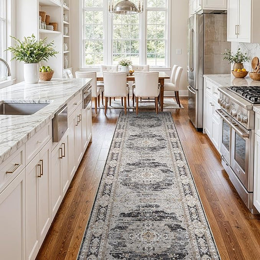 3x14 Runner Rug for Hallway Washable: Non Slip Kitchen Rugs with Rubber Backing Soft Waterproof Mats Stain Resistant Indoor Vintage Carpet Runner for Bedroom Bathroom Laundry Entryway Black/Gray