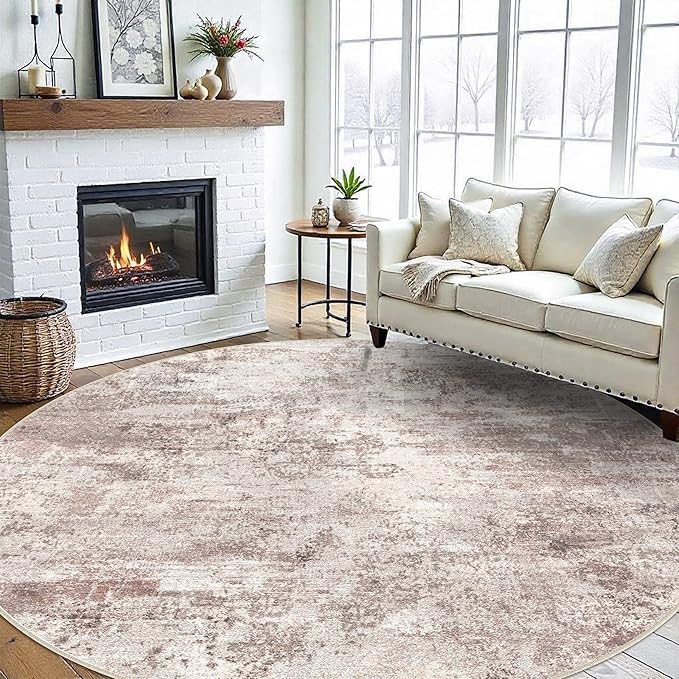 Washable Abstract 9ft Round Rugs - Large Rugs for Living Room Non Slip Indoor Entryway Rubber Backing Carpet Bedroom Kitchen Distressed Stain Resistant Floor Decor Mat Machine Washable 9ft Brown