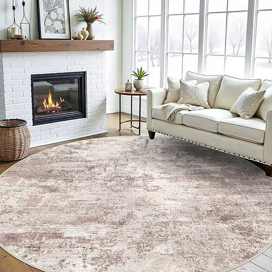 Washable Abstract 9ft Round Rugs - Large Rugs for Living Room Non Slip Indoor Entryway Rubber Backing Carpet Bedroom Kitchen Distressed Stain Resistant Floor Decor Mat Machine Washable 9ft Brown
