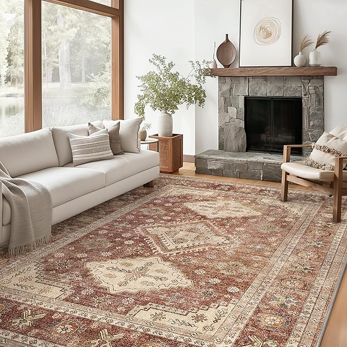 Area Rugs for Living Room 9x12 Machine Washable Rug, Vintage Large Floral Medallion Carpet for Bedroom Dining Room, Low Pile Lightweight Thin Chenille Non Slip Rug, Distressed Dull Red