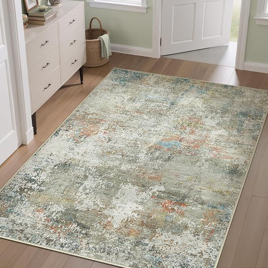 4x6 Area Rugs for Living Room Orange Grey Non Slip Washable Neutral Modern Abstract Indoor Rug Thin Soft Throw Low Pile Kitchen Carpet for Bedroom Dining Room Farmhouse Home Office Decor