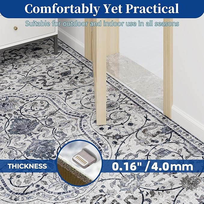 SALLOUS Vinyl Floor Mat for Home, 4x6ft Area Rug for Living Room, Non-Slip Waterproof Floor Mat for Bedroom, Washable Area Mat for Kitchen, Bathroom, Entryway (Grayish Blue Bohemian-Style)