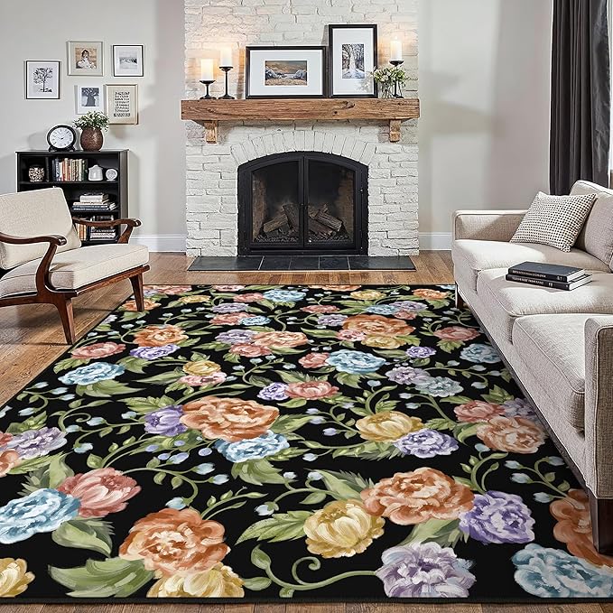Black Area Rug 5x7 Floral Living Room Indoor Non Slip Bedroom Large Boho Carpet Washable Low Pile Soft Accent Rug for Office Dining Room Farmhouse