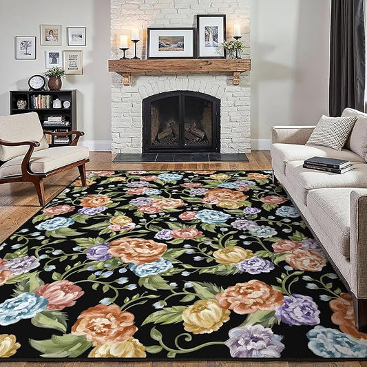 Black Area Rug 5x7 Floral Living Room Indoor Non Slip Bedroom Large Boho Carpet Washable Low Pile Soft Accent Rug for Office Dining Room Farmhouse