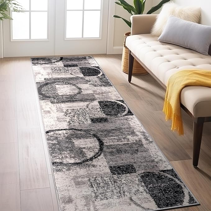 Rugshop Contemporary Abstract Circle Design Soft Runner Rug 2' x 10' Cream