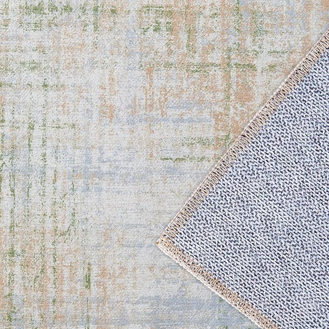 jinchan Runner Rug 2x10 Hallway Abstract Sketch Distressed Washable Kitchen Rug Green Multi Print Colorful Overdyed Chenille Thin Rug Contemporary Carpet for Bathroom Laundry Room Bedroom Living Room