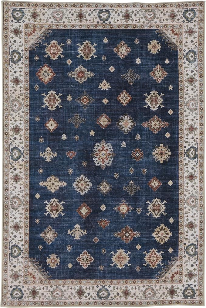 Soft Washable Faux Wool 6x9 Large Stain Resistant Rug Rubber Non-Slip Backing for Hallway Kitchen Bathroom Living Room Bedroom Indoor Doormat Dining Room Carpet Mat (Navy Blue, 6' x 9')