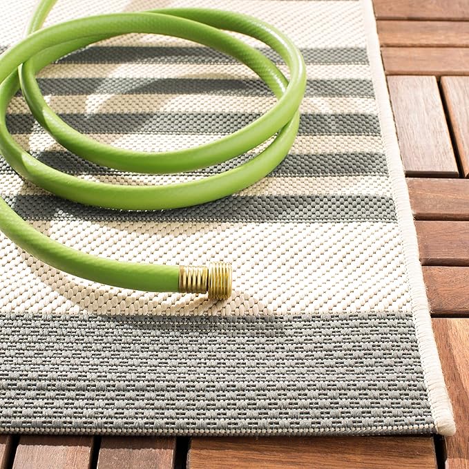 SAFAVIEH Courtyard Collection 4' Square Grey/Bone CY6062 Stripe Indoor/ Outdoor--Waterproof Easy--Cleaning Patio Backyard Mudroom Accent--Rug