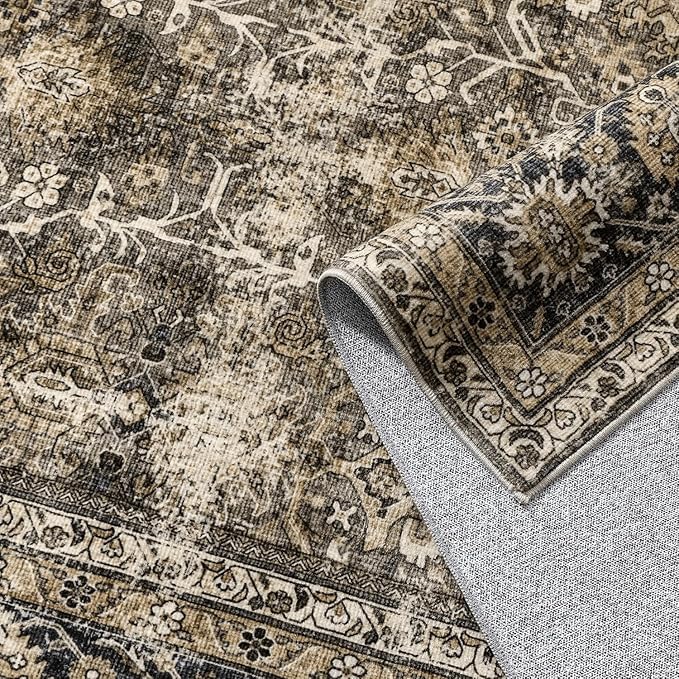 Vintage Area Rug 4x6 Brown Entryway Office Washable Carpet Non Slip Bedroom Indoor Living Room Door Mat Low Pile Traditional Distressed Retro Accent Rug for Dining Room Bathroom Kitchen