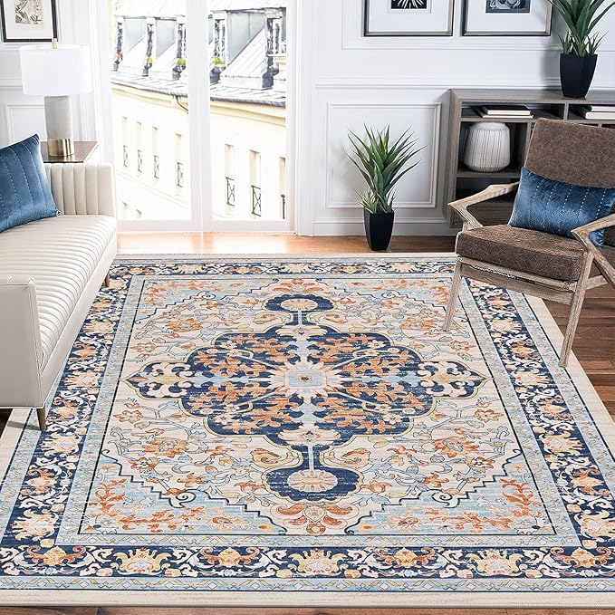 U'Artlines Boho Vintage Area Rug 5x7 Machine Washable Low Pile Soft Floor Carpet Non Slip Non Shedding Accent Rug for Living Room Bedroom Entryway Dining Room Office Orange＆Blue