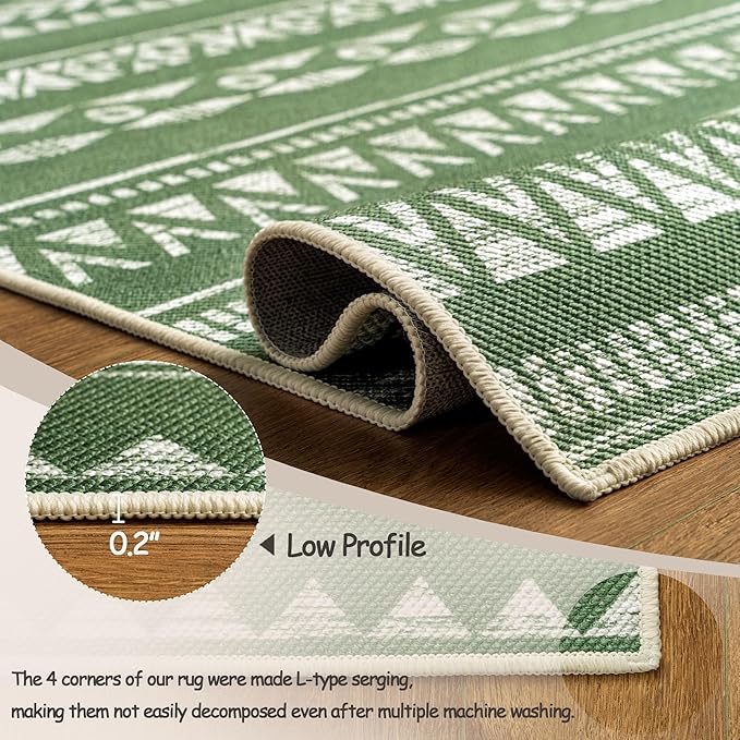 Runners for Hallways Kitchen Runner Rug Non Slip 2x10 Long Washable Runner Rugs Tear and Stain Resistance, Hand Woven Style, No Pile, Printed Rug for Hallways, Kitchen, Bedroom- Green