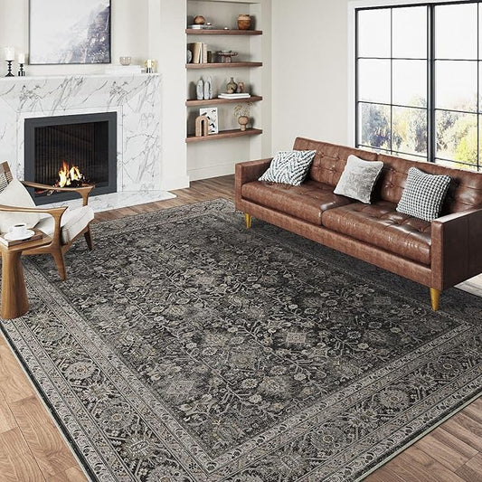 Vintage Area Rug 3x5 Black Entryway Office Washable Carpet Non Slip Bedroom Indoor Living Room Door Mat Low Pile Traditional Distressed Retro Accent Rug for Dining Room Bathroom Kitchen