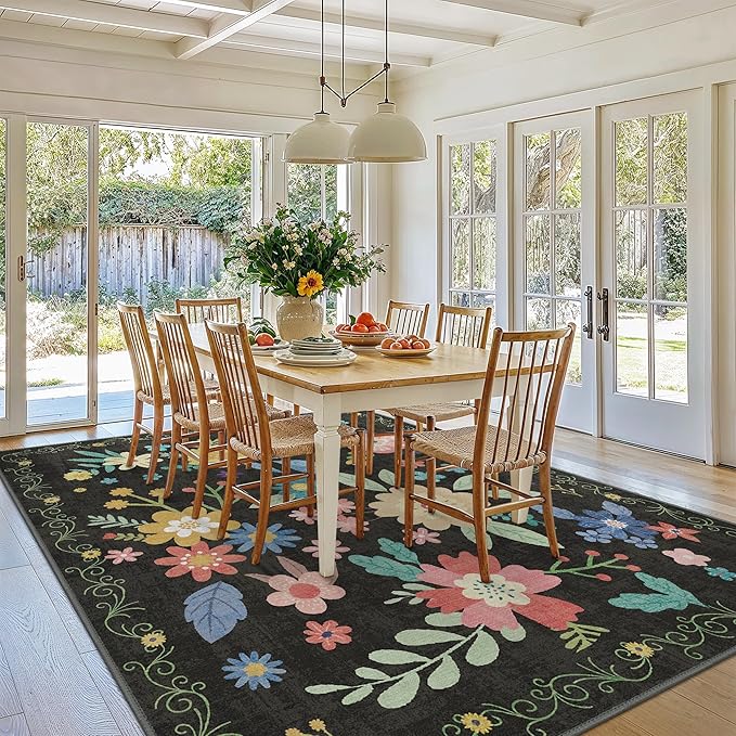 Bavni 8x10 Area Rugs, Big Foldable Floral Rugs for Living Room Bedroom Dining Room Kids Room, Lightweight Machine Washable Non Slip Rubber Rugs Backing, Ultra-Thin Aesthetic Boho, Black