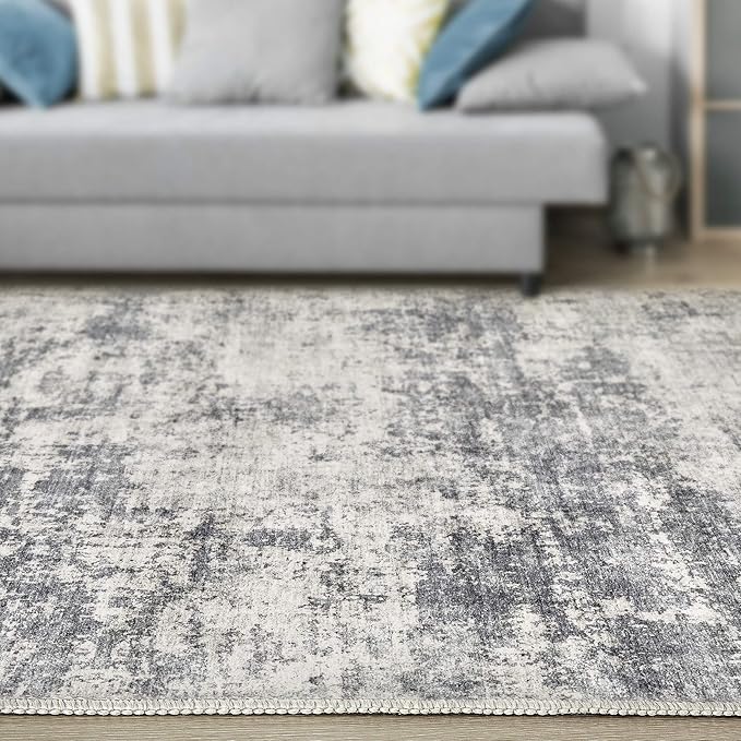 Washable Rug 8x10 Area Rugs for Living Room: Modern Abstract Neutral Soft Large Carpet for Bedroom Dining Room Under Kitchen Table Home Office Decor -Dark Grey/Beige