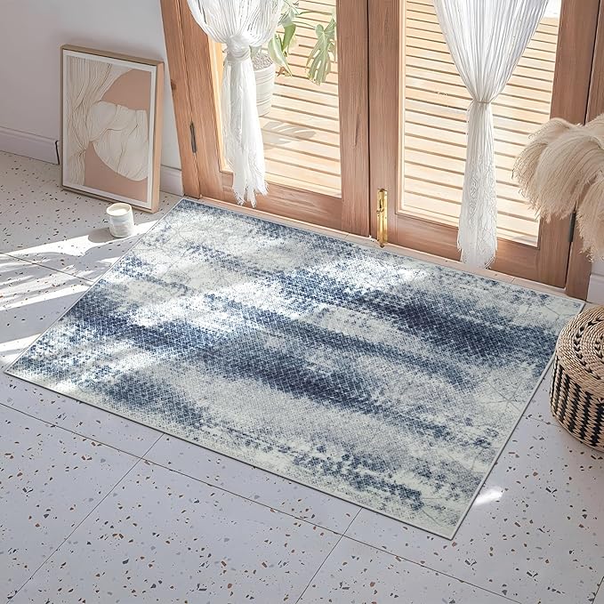 2x3 Area Rug for Living Room: Washable Rug Non-Slip Modern Abstract Living Room Rug Soft Thin Carpets Indoor Floor Non-shedding Carpet for Bedroom Dining Farmhouse Home Office (White/Dark Blue, 2'x3')