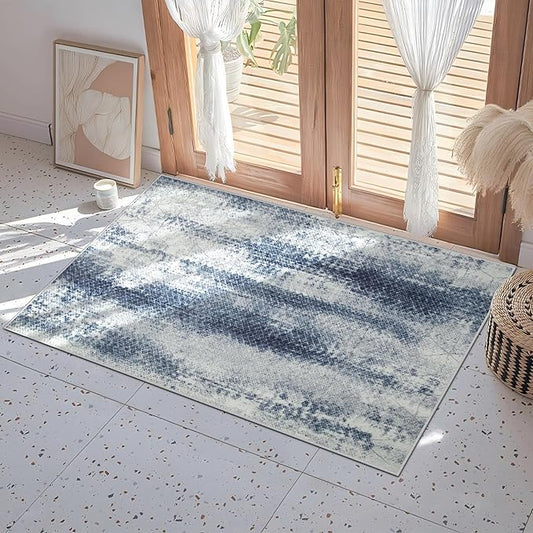 2x3 Area Rug for Living Room: Washable Rug Non-Slip Modern Abstract Living Room Rug Soft Thin Carpets Indoor Floor Non-shedding Carpet for Bedroom Dining Farmhouse Home Office (White/Dark Blue, 2'x3')