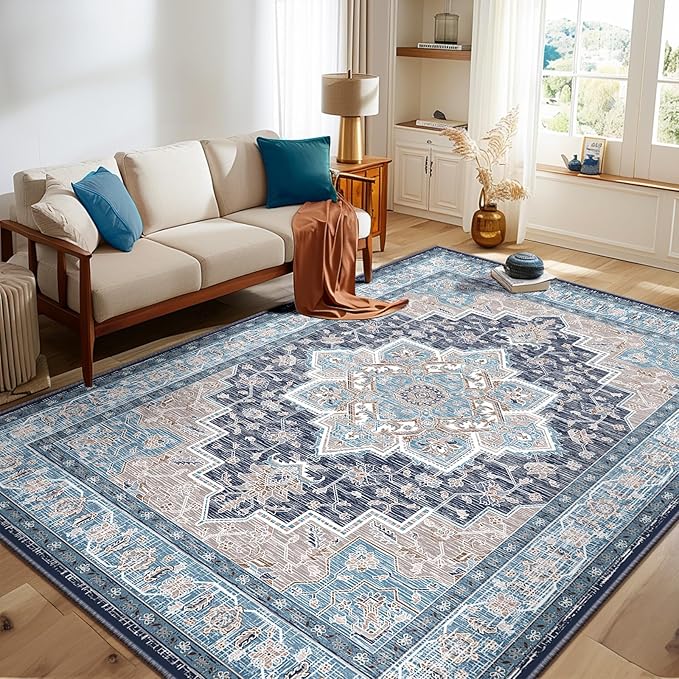 BESTSWEETIE 9x12 Area Rugs for Living Room, Washable Ultra Soft Boho Vintage Print Pattern Rug Non Slip Low Pile Carpet for Dining Room Bedroom Entryway Indoor-Navy/Light Blue/Natural