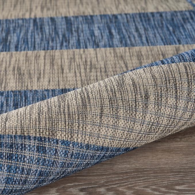 LR Home 8 x 10 Indoor / Outdoor Area Rug for Home Decor | Coastal Striped large size carpet for living room, bedroom, playroom, patio, garden | Modern farmhouse rug | Navy / Gray