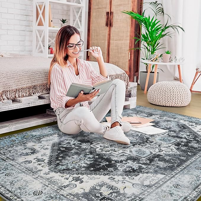 YJ.GWL Large Area Rug for Living Room, 5x7 Machine Washable Boho Rug for Bedroom, Low Pile Lightweight Thin Rugs Floral Vintage Distress Print Pattern Carpet for Dining Room, Blue/Grey