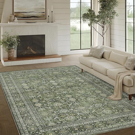 Vintage Area Rug 5x7 Green Washable Living Room Large Carpet Non Slip Bedroom Indoor Office Low Pile Traditional Distressed Retro Accent Rug for Dining Room Bathroom Kitchen