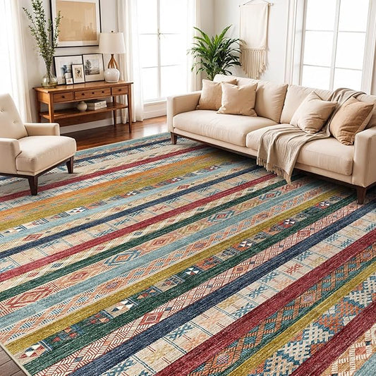 10x14 Washable Area Rug: Moroccan Large Neutral Boho Area Rug for Living Room & Bedroom Geometric Non-Slip Farmhouse Carpet for Living Room Red&Blue Colourful 10'x14'.