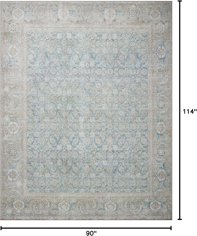 Loloi II Wynter Collection WYN-10 Ocean/Silver 7'-6" x 9'-6", .13" Thick, Area Rug, Soft, Durable, Printed, Vintage Inspired, Low Pile, Non-Shedding, Easy Clean, Living Room Rug