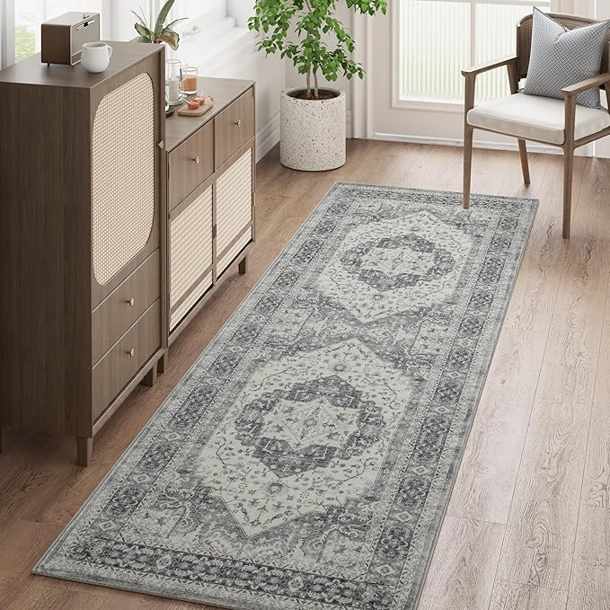 jinchan Runner Rug 2x6 Washable Kitchen Hallway Runner Soft Thin Vintage Low Pile Non Slip Distressed Carpet Floral Medallion Rug for Bathroom Bedroom Laundry Room Grey Multi