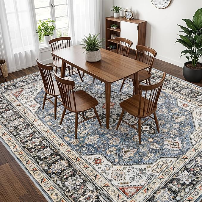Living Room Area Rugs 10x14: Extra Large Area Rug Super Soft Distressed Oriental Rugs with Non-Slip Backing - Thin Stain Resistant Indoor Rug - 10x14 Navy Blue