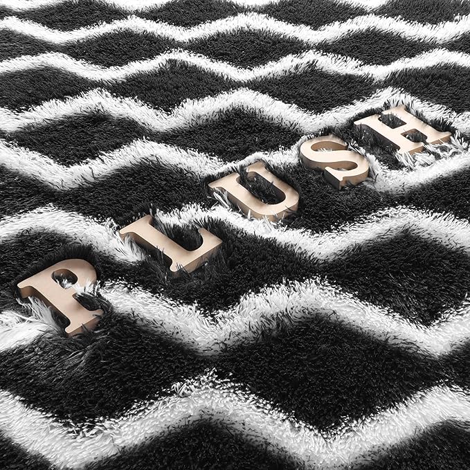 RUGTUDER Soft Fluffy Runner Rug for Bedroom, 2x6 Washable Plush Fuzzy Shaggy Bedside Rugs Black and White Striped Chevron Rugs, Non Slip Long Rug for Living Room Boys Room Kids Nursery Teen Dorm Decor
