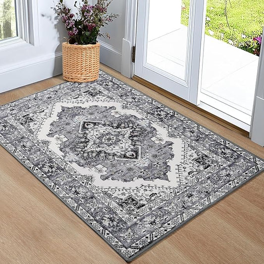 Noahas Front Door Mat Indoor Outdoor Entrance,2x3 Small Grey and Blue Area Rugs Vintage Machine Washable Rugs Non-Slip Low Pile Carpets for Entryway Bathroom Kitchen Bedroom Laundry Room Home Decor